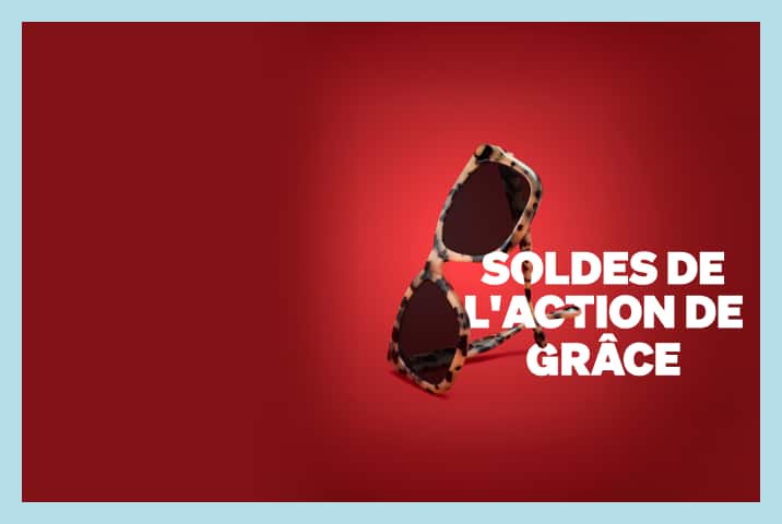 Lunettes aviateur noires et dorées flottant au-dessus d'un texte blanc en gras lisant « SOLDES DE L'ACTION DE GRÂCE » sur fond rouge vif.