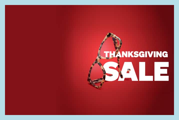 Black and gold aviator eyeglasses floating over bold white text reading "THANKSGIVING SALE" against a rich red background.