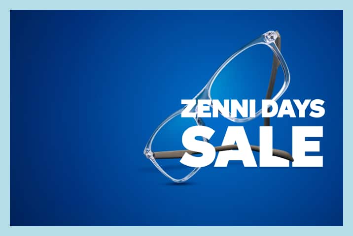 Tortoiseshell eyeglasses floating above bold white text reading "ZENNI DAYS SALE" against a vibrant yellow background.