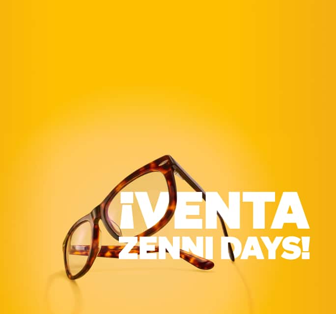 Lentes en carey flotando sobre un texto blanco en negrita que dice "¡VENTA ZENNI DAYS!" sobre un fondo amarillo vibrante.