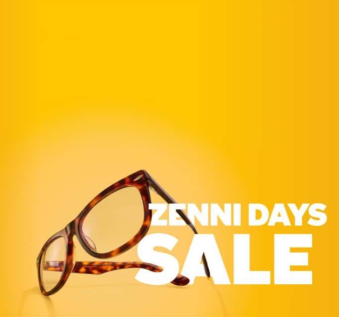 Tortoiseshell eyeglasses floating above bold white text reading "ZENNI DAYS SALE" against a vibrant yellow background.