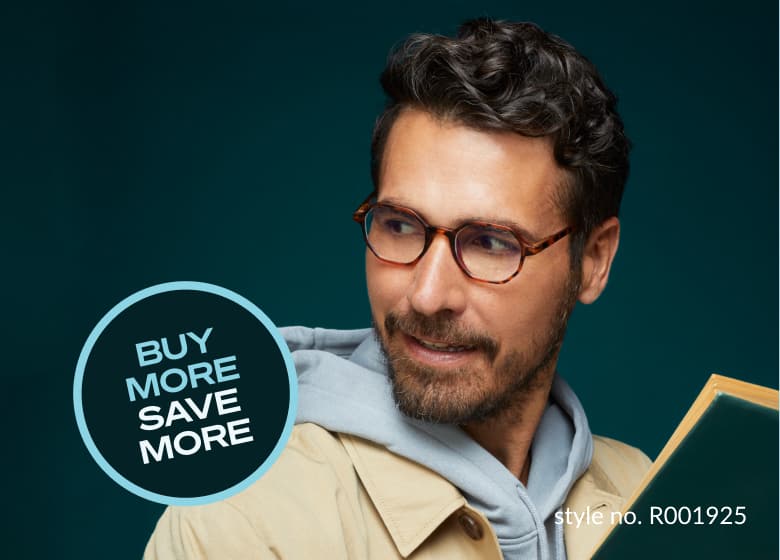 Buy more save more. A man in brown jacket wearing Zenni tortoiseshell reader glasses.