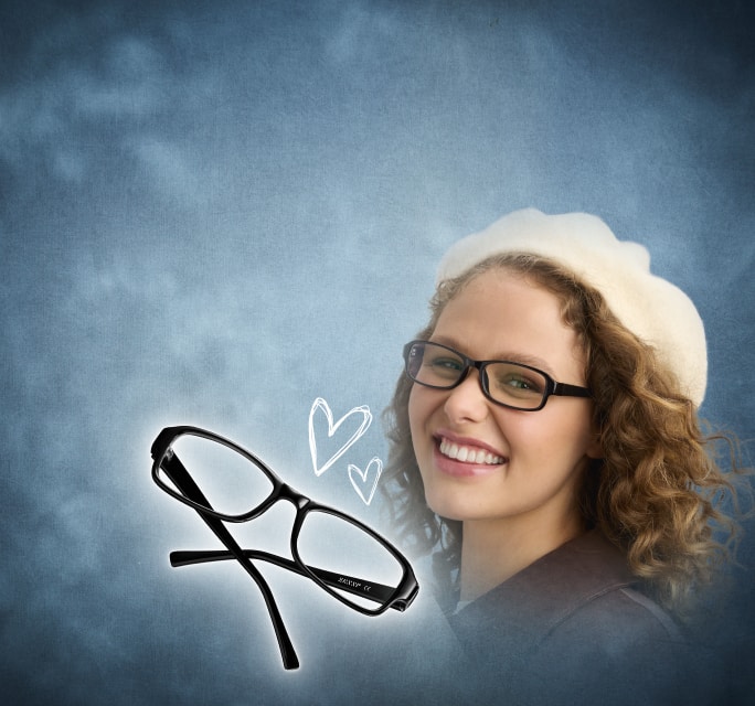 A smiling woman wearing rectangular black glasses and a cream beret is shown against a soft blue textured backdrop, with the same glasses featured beside them and small heart doodles.