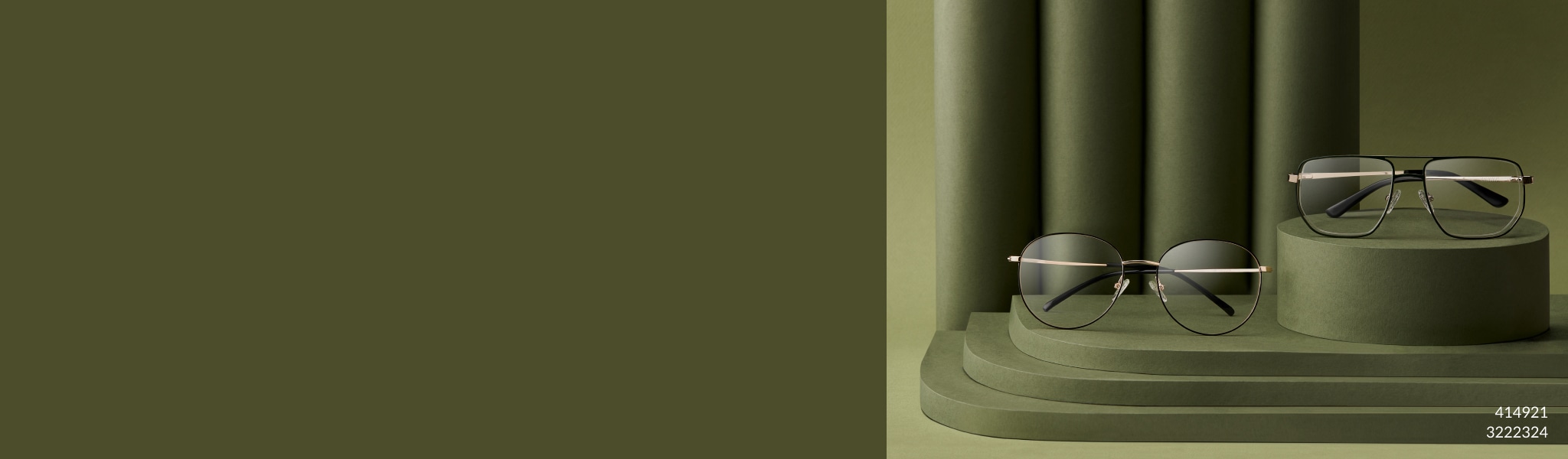 Image of a green monotone space with multiple levels, on the first level is zenni round glasses #414921, on the second level is zenni aviator glasses #322224.