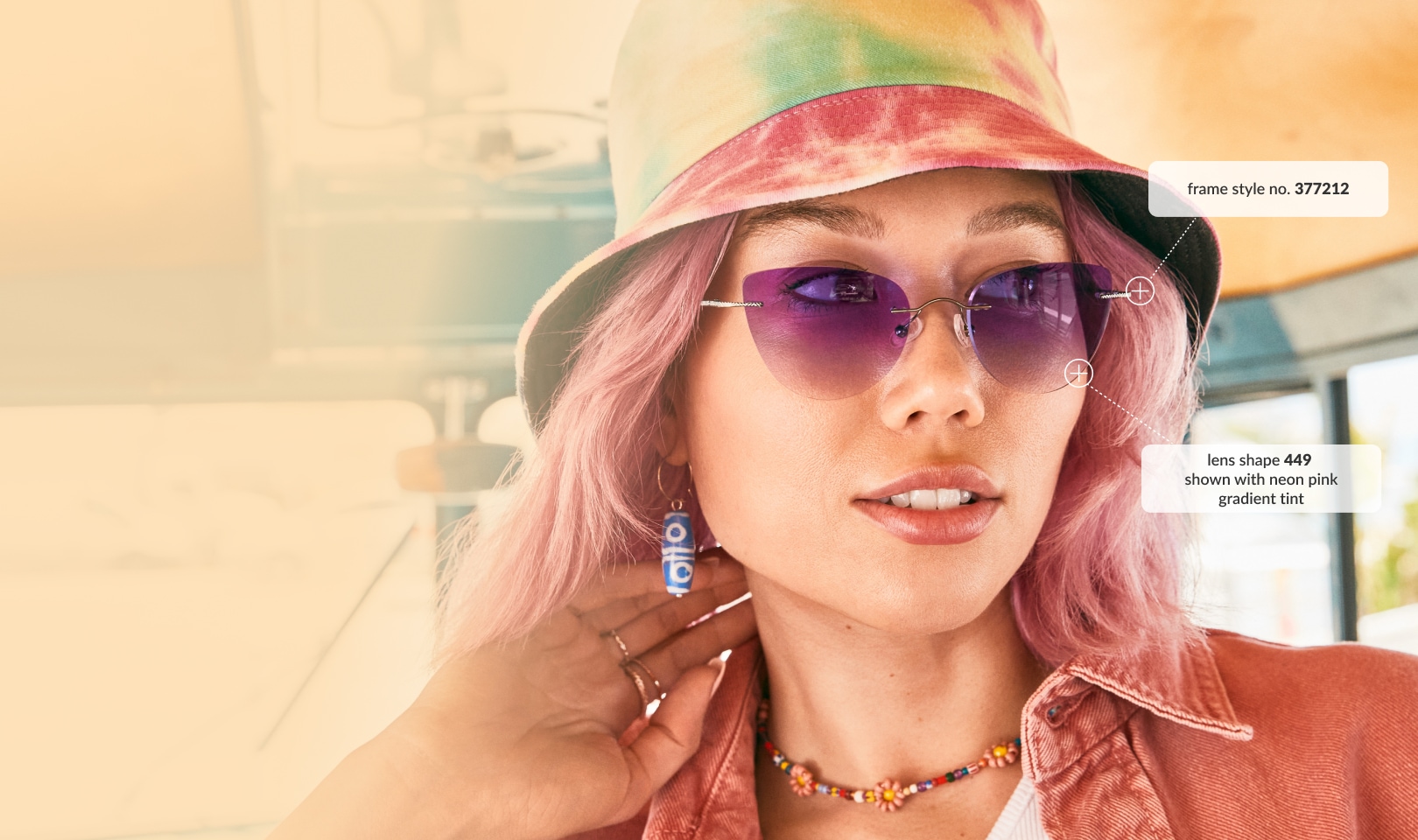 Image a woman wearing Zenni rimless glasses #377212 inside of a vintage bus.