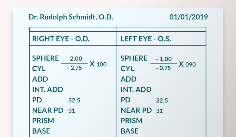 Example of vertical prescription with values listed from top to bottom.