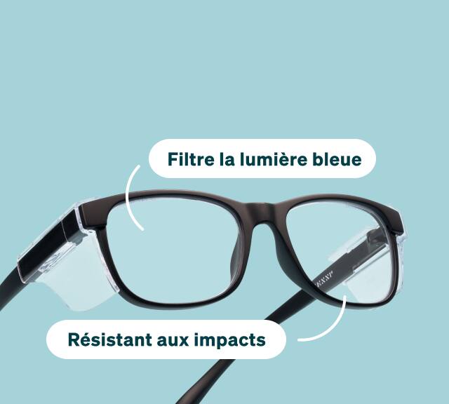 Lunettes de sécurité Zenni noires avec boucliers latéraux transparents sur fond bleu clair.