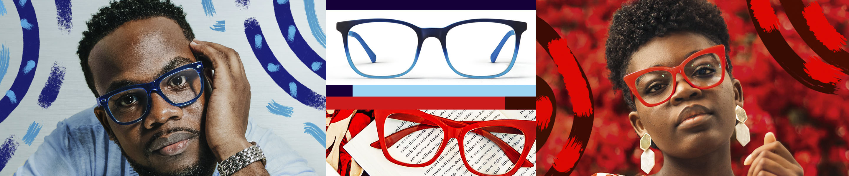 Four images, two of glasses and two of people in glasses. Image of a man wearing Zenni Olvera square glasses #449416 in blue, against a light blue background. Image of a woman wearing Zenni cat-eye glasses #2027018 in red, against a red background. Image of Zenni square glasses #2016216 in blue on a white background. Image of Zenni cat-eye glasses #2027018 in red resting on a book.