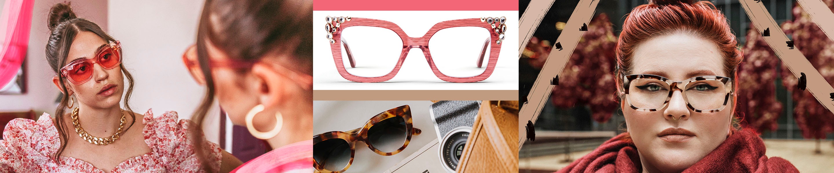 Four images, two of glasses and two of women wearing glasses. Image of a woman wearing Zenni premium cat-eye sunglasses #1110919 in pink, in front of a mirror. Image of a woman wearing Zenni Alamere square glasses #4413825, against a background of a park lined with trees. Image of Zenni cat-eye glasses #4446118 against a white background. Image of Zenni cat-eye glasses #4445625 in tortoiseshell on a desk with books.