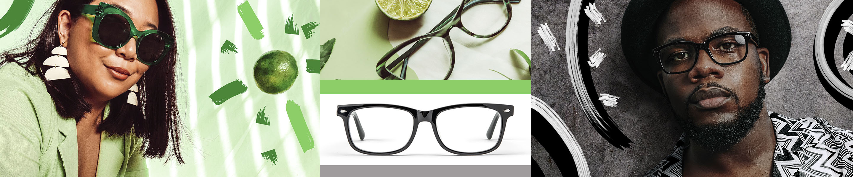 Four images, two of glasses and two of people wearing glasses. Image of a woman wearing Zenni premium cat-eye sunglasses #1117934 in green, against a white andgreen-striped background. Image of a man wearing Zenni off the grid rectangle glasses #4433321 in black, against a gray background. Image of Zenni cat-eye glasses #7822224 in green on a green background next to a lime wedge. Image of Zenni rectangle glasses #612921 in black on a white background.