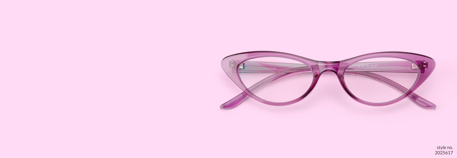 Image of Zenni purple cat-eye glasses #2025617 on a light purple background.
