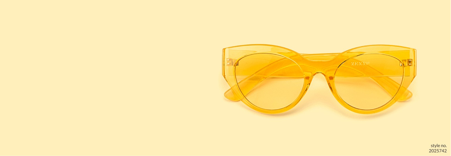 Image of Zenni yellow cat-eye glasses #2025742 on a light yellow background.