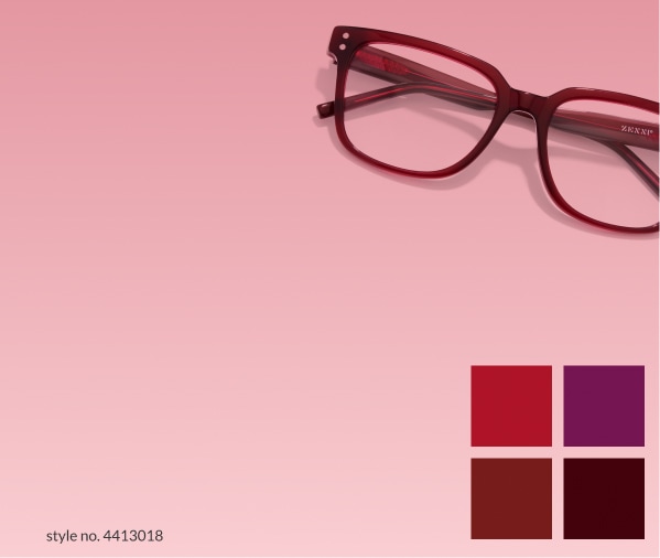Wine. Decadent wine tones from sangria to shiraz. Shop wine. Image of zenni Sausalito square glasses #4413018 against an ombre pink to light red background.