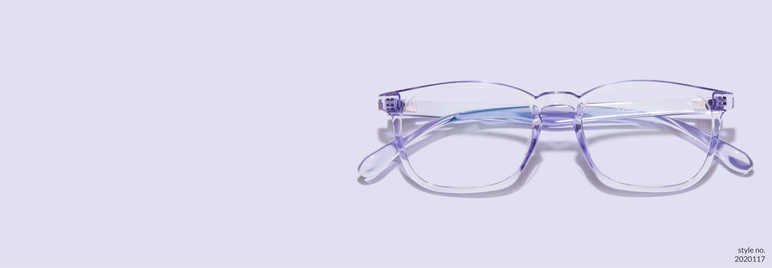 Image of Zenni purple square glasses #2020117 on a light purple background.