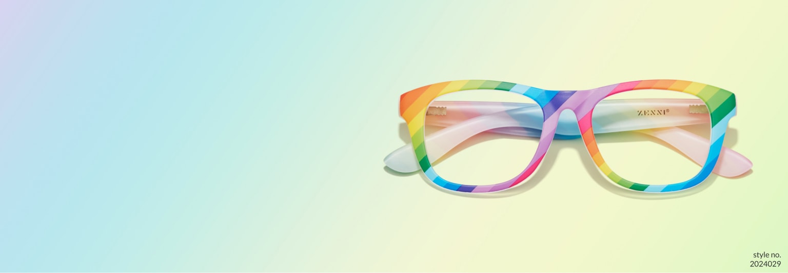 Image of Zenni rainbow square glasses Castro #2024029 on a rainbow gradient background.