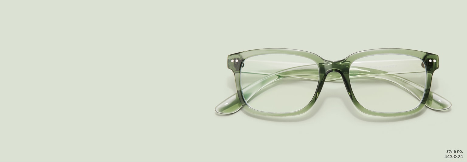 Image of Zenni pine green rectangle glasses Off the Grid #4433324 on a light green background.