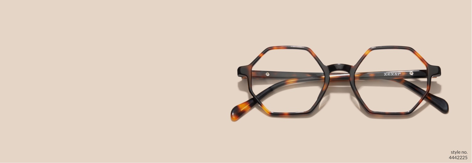 Image of Zenni tortoiseshell geometric glasses #4442225 on a light brown background.