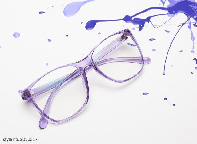 Image of Zenni square glasses #2030317 in front of a white background with splattered purple paint in various colors.