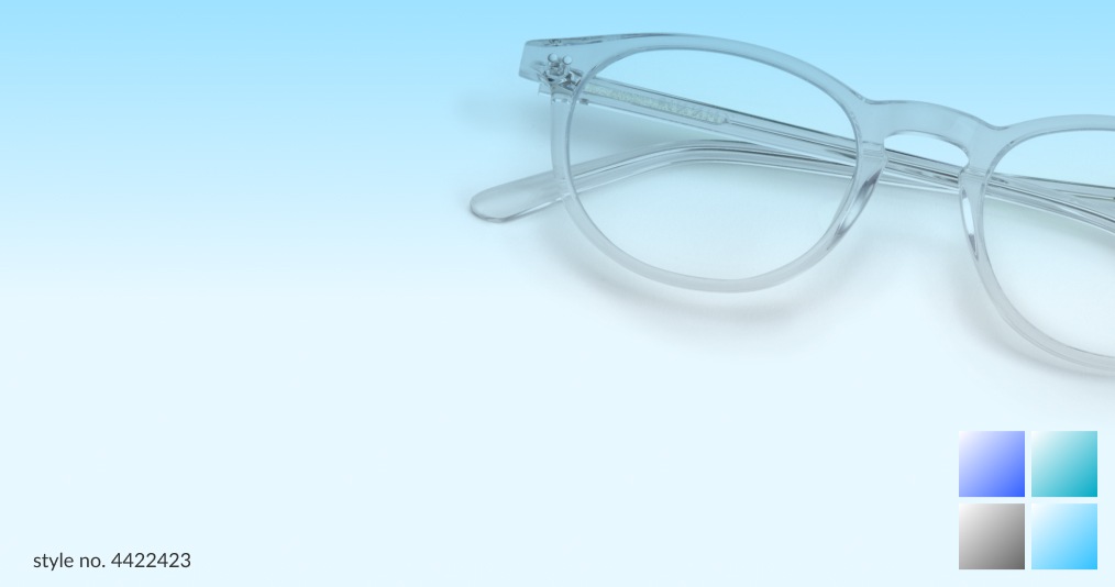Image of Zenni round glasses #4422423 against a blue background, with four color swatches underneath it.