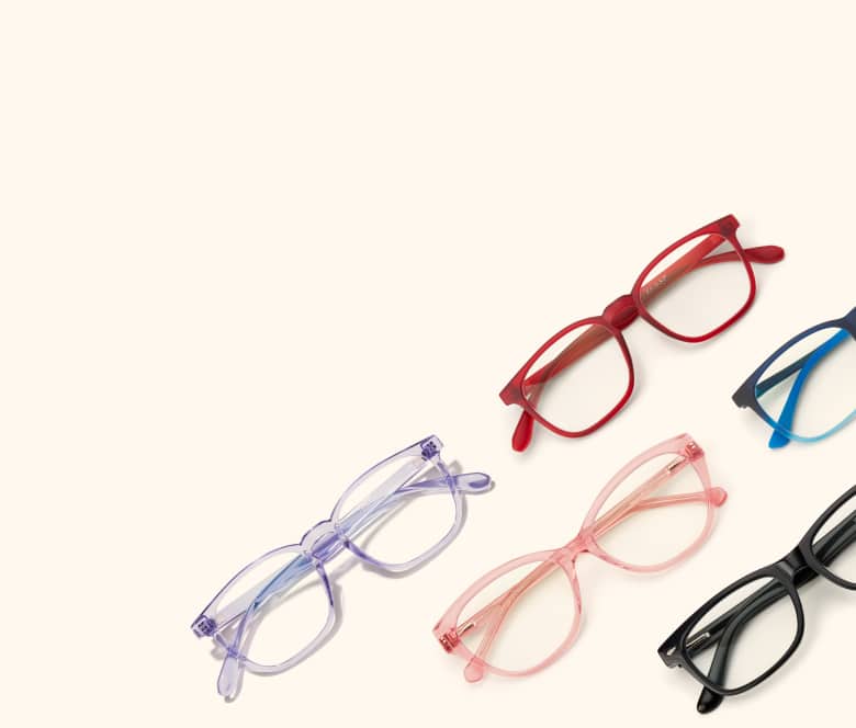 Flat-lay of red, blue ombre, green, pastel purple transparent, pink transparent, and black glasses.
