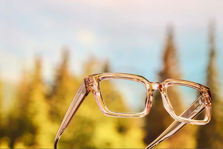 Translucent neutral square glasses float against a golden forest backdrop, blending contemporary structure with the calming palette of nature.