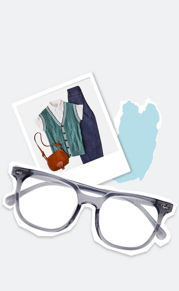 The image displays a pair of translucent gray eyeglasses in the foreground with a cut-out effect. Behind them is a polaroid photo of an outfit consisting of a collared shirt, teal sweater vest, jeans, and a brown handbag. A soft blue abstract shape sits to the right, adds a playful, collage-like design element.