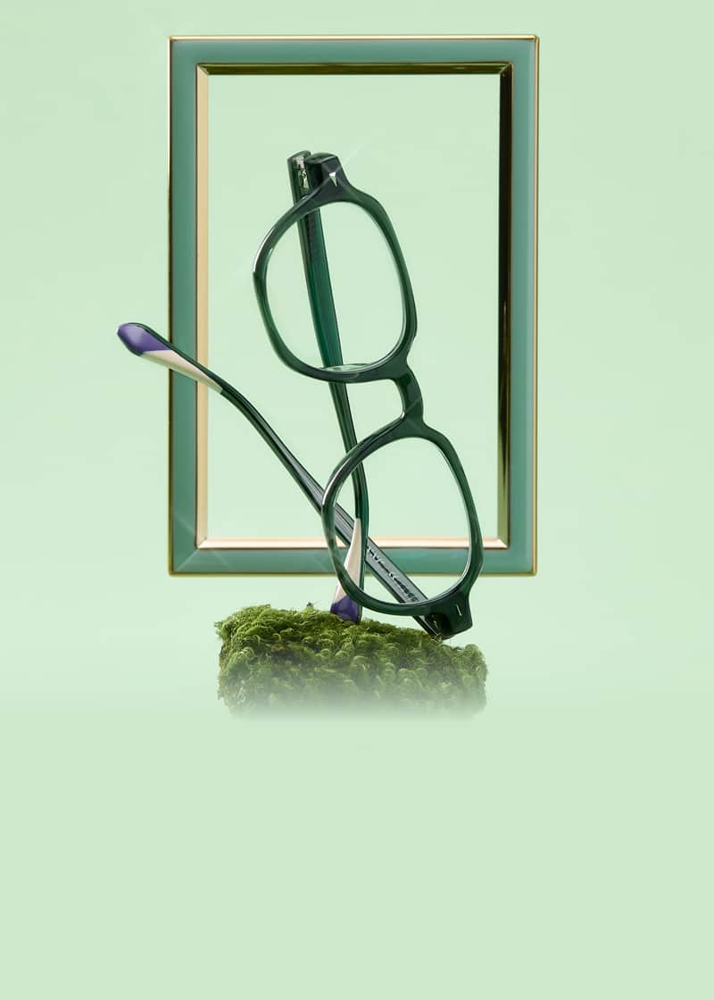 Dark green Zenni glasses perched on a piece of moss in front of a green picture frame.