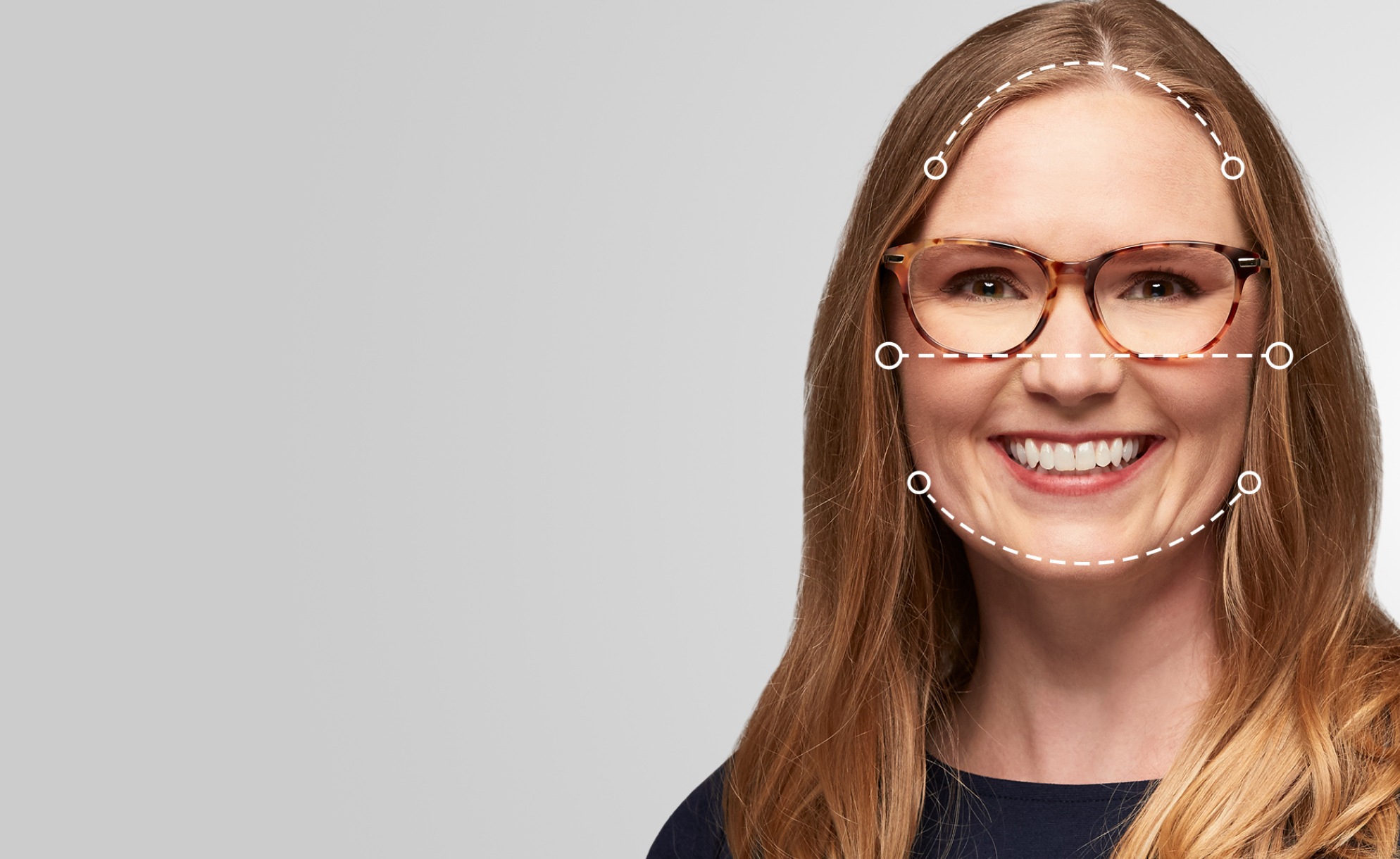 Oval face shape. Proportionally balanced oval faces will look good in almost any frame style. Frames for oval faces. Image of a woman wearing Zenni glasses, with dotted lines over her face showing the various dimensions of her face.