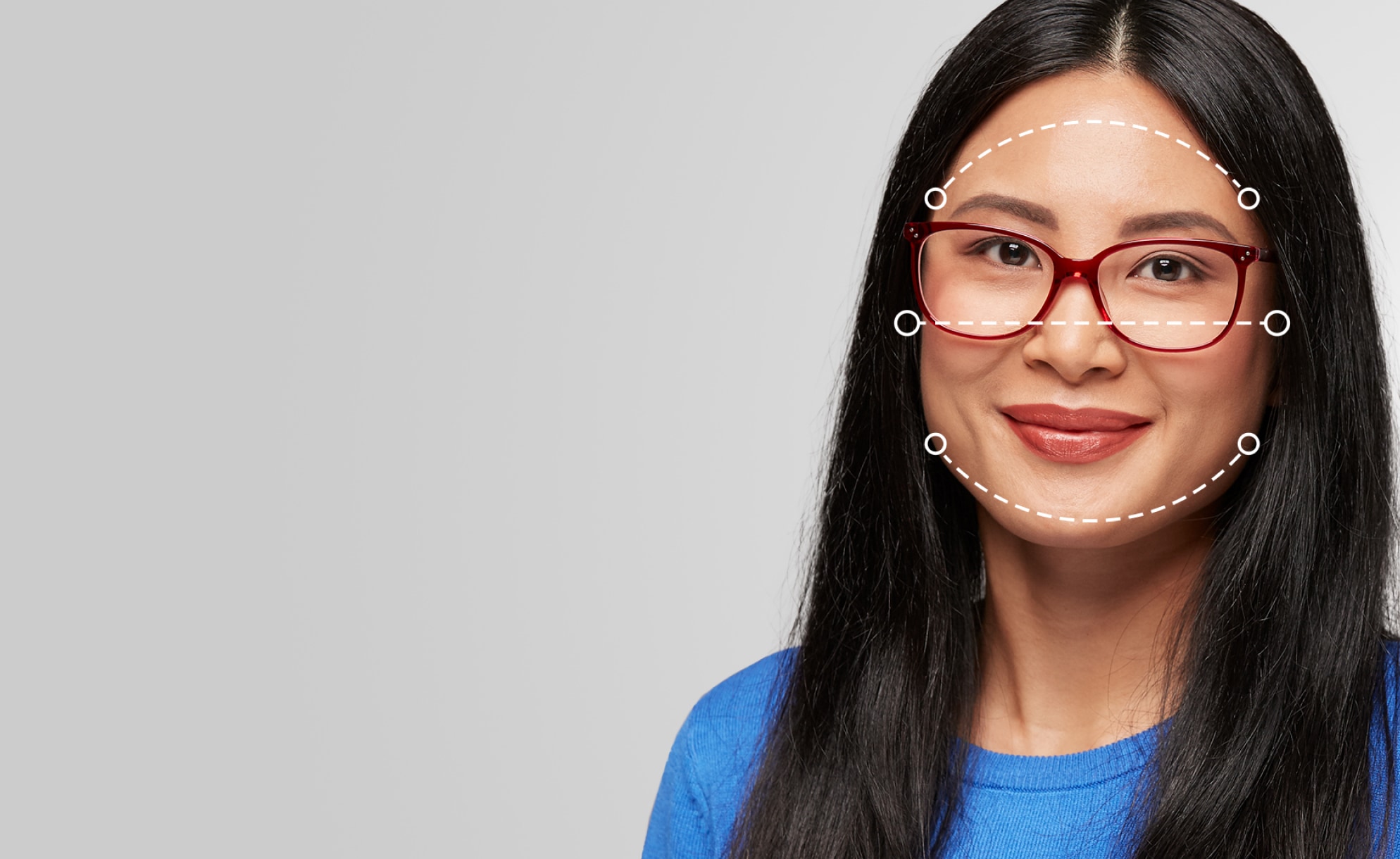 Round Face Shape. Rectangle, browline, and geometric frames add definition to round faces with soft features. Frames for round faces. Image of a woman wearing Zenni glasses, with dotted lines over her face showing the various dimensions of her face.