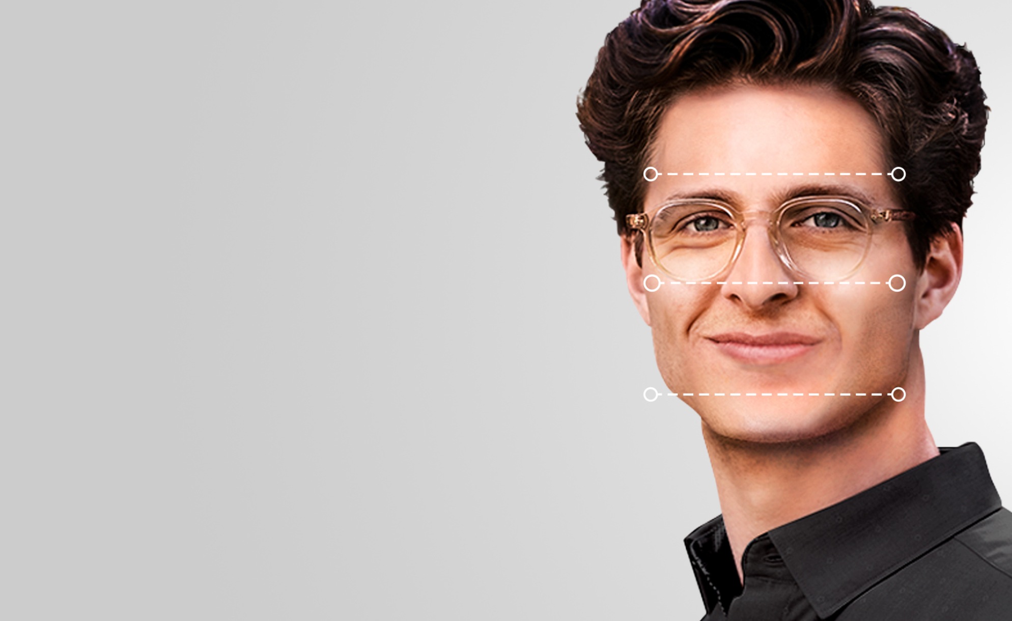 Square face shape. Round and oval glasses add balance and structure to square faces. Frames for square faces. Image of a man wearing Zenni glasses, with dotted lines over his face showing the various dimensions of his face.