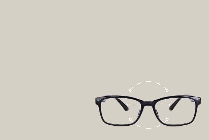 Black rectangular Zenni glasses for round faces with facial proportion graphics.