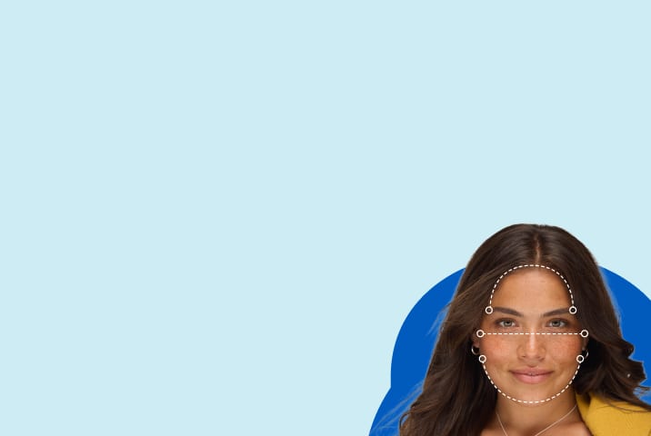 Diagram showing a white dashed outline measuring a pear face shape on a model, set against a light blue background.