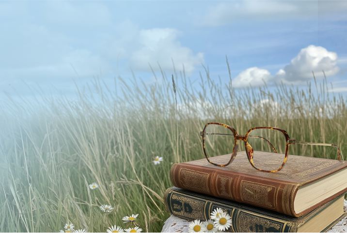 A pair of tortoiseshell square glasses rests atop two ornate books in a grassy field with daisies, under a partly cloudy sky.