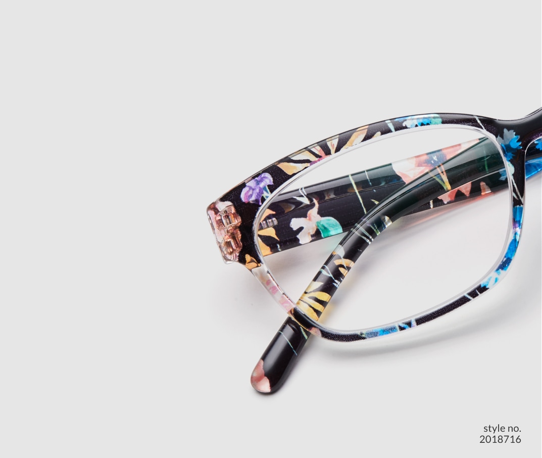 Image of Zenni floral cat-eye glasses style #2018716 shown with a light gray background.