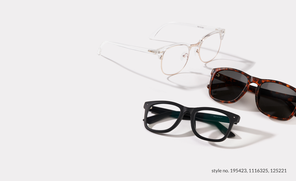 Image of three pairs of Zenni glasses and sunglasses. From top to bottom: clear browline #195423, tortoiseshell square sunglasses #1116325, black square glasses #125221.