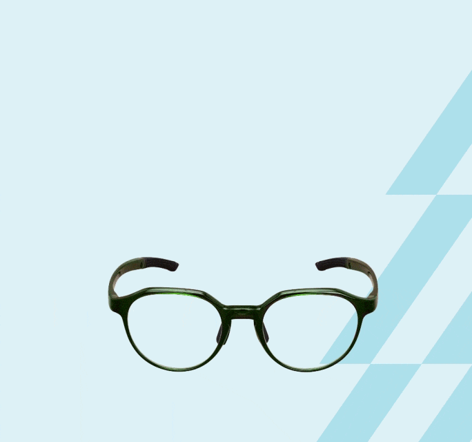 An animated graphic of dark green round glasses; the temple arms move inward to demonstrate a ‘stay-put’ grip feature, set against a light blue background with a geometric pattern.