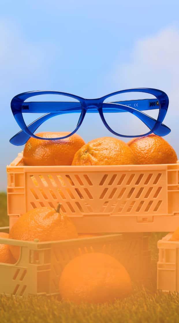 A series of spring-inspired glasses framed within large flower-shaped cutouts against a butter-yellow background.