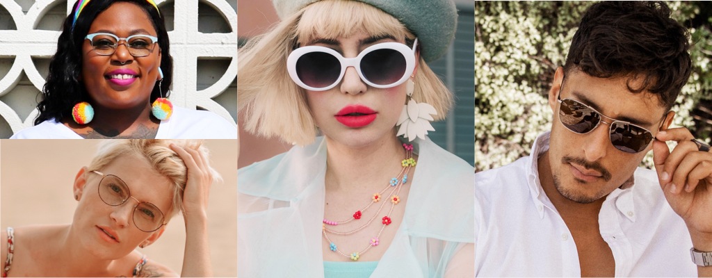 Style Shops. Curated with your unique style in mind by top tastemakers. Images of four influencers in the following order: Alissa Castleton, wearing Zenni Laze round glasses #158125, Jeannette ‘Jae’ Burchfield wearing Zenni browline glasses #3215724, Amy Roiland wearing Zenni oval glasses #2024730, and Carlos Roberto wearing Zenni premium aviator sunglasses #1120112.