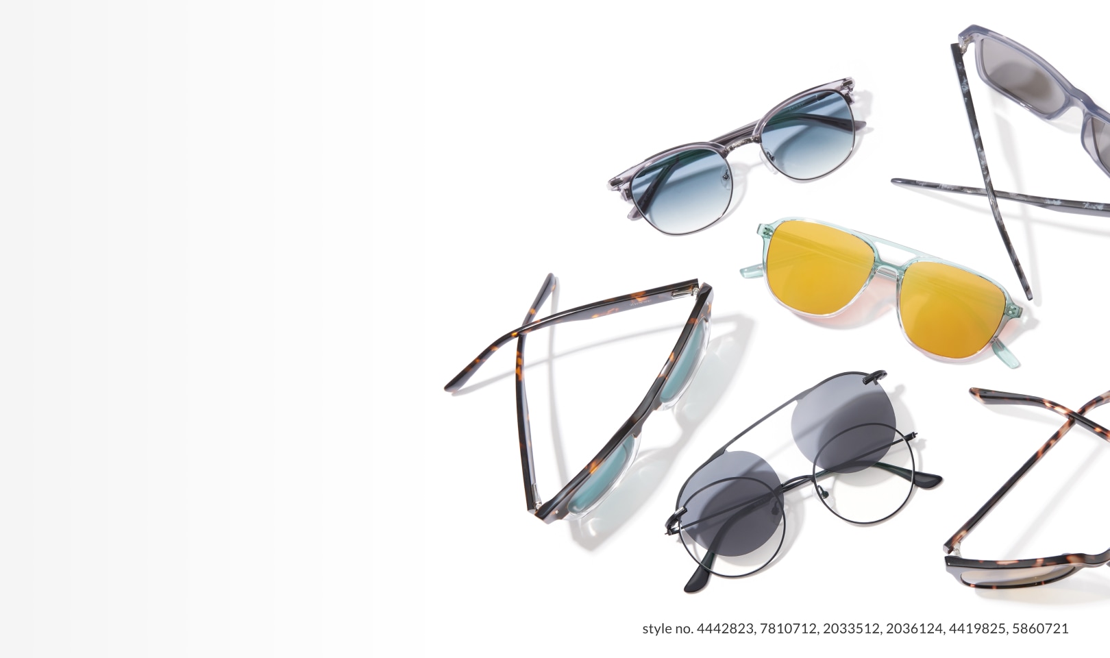 Image of a variety of pairs of zenni sunglasses, including clip-ons.