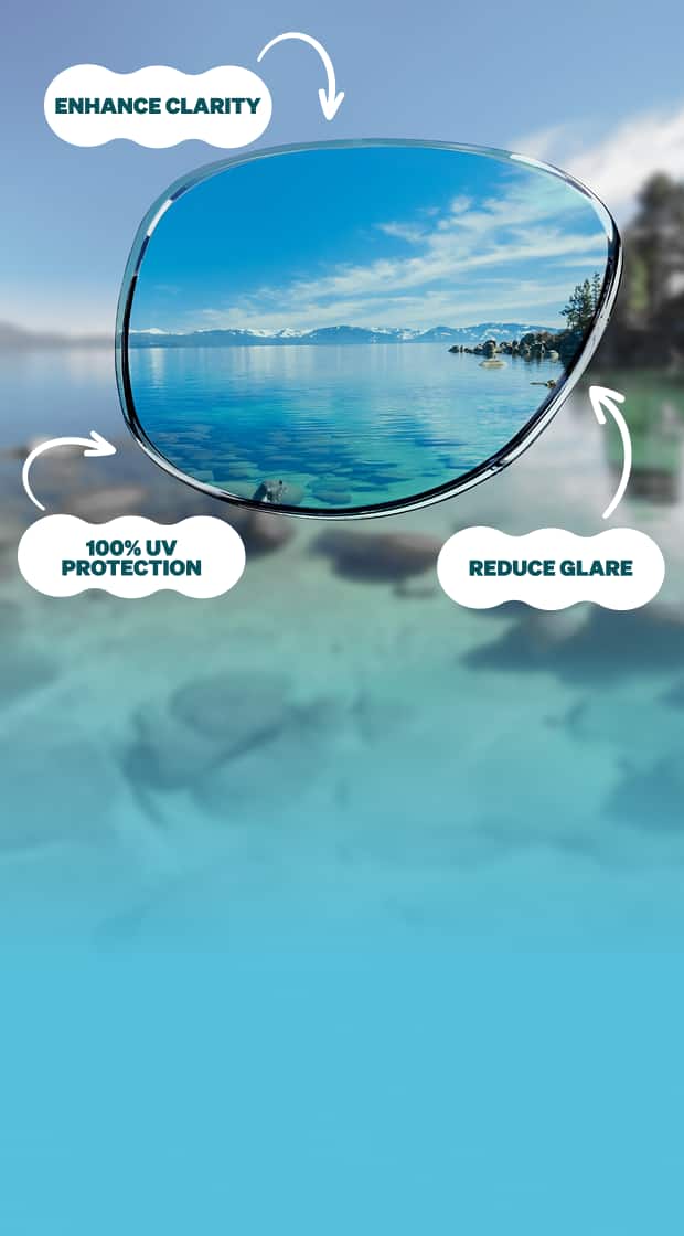 A mountain lake viewed through a polarized lens, demonstrating the reduction in glare, better contrast, and more vibrant colors provided by polarization. Additional text: Enhance clarity, 100% UV protection, reduce glare.
