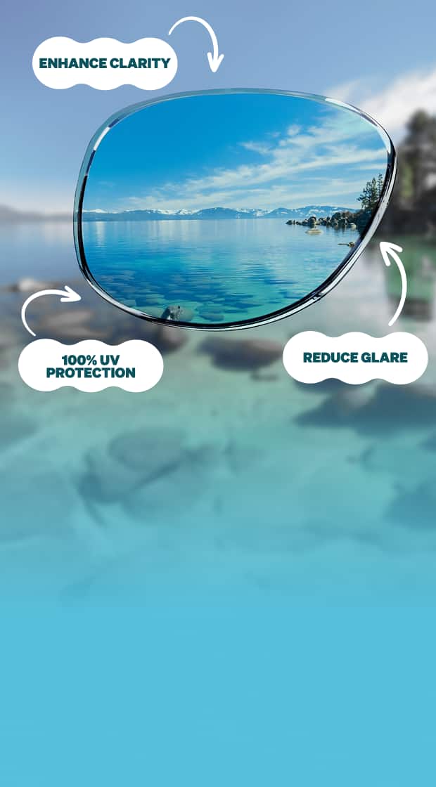A mountain lake viewed through a polarized lens, demonstrating the reduction in glare, better contrast, and more vibrant colors provided by polarization. Additional text: Enhance clarity, 100% UV protection, reduce glare.