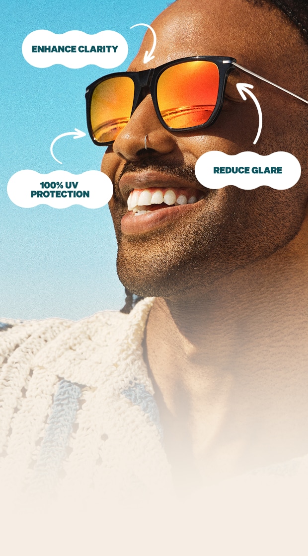 A man with braids wearing square black sunglasses with orange polarized mirror tint lenses. Additional text: Enhance clarity, 100% UV protection, reduce glare.
