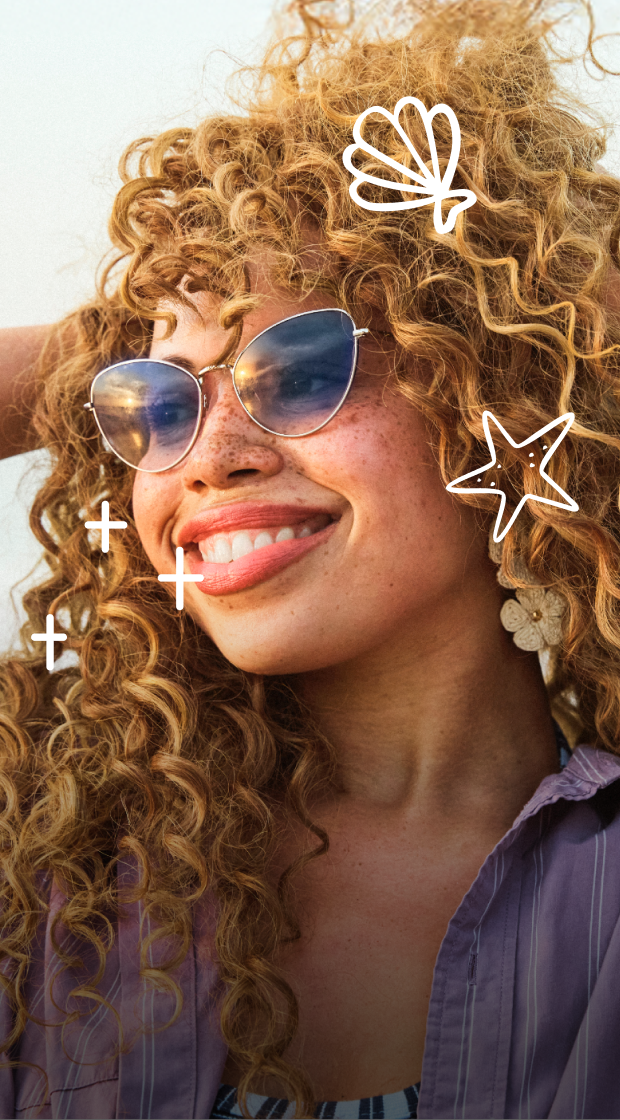 A woman with curly blond hair wearing cat-eye sunglasses and purple shirt at the beach. Overlaid with hand-drawn illustrations of starfish and sea shells.