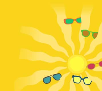 Illustration of a bright yellow sun with stylized rays extending outward, each adorned with colorful sunglasses in various shapes and colors, symbolizing UV safety.