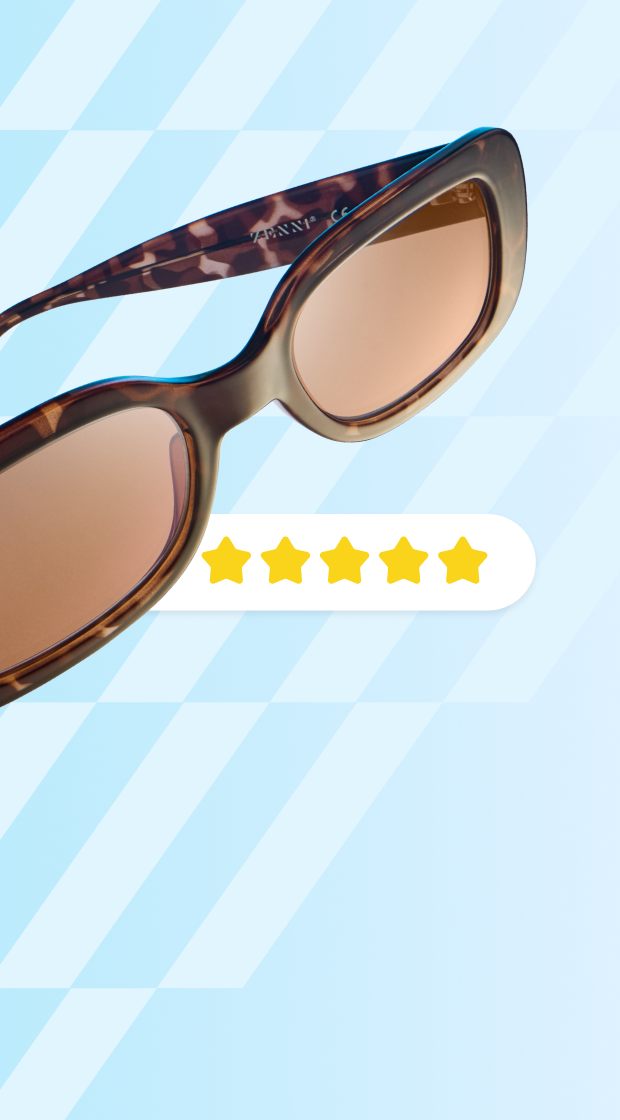 Zenni tortoiseshell sunglasses with 5-star rating on a light blue striped background.