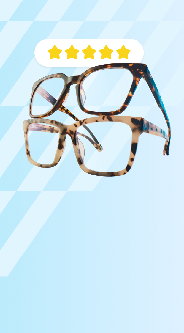Two Zenni tortoiseshell eyeglasses with 5-star rating on light blue striped background.