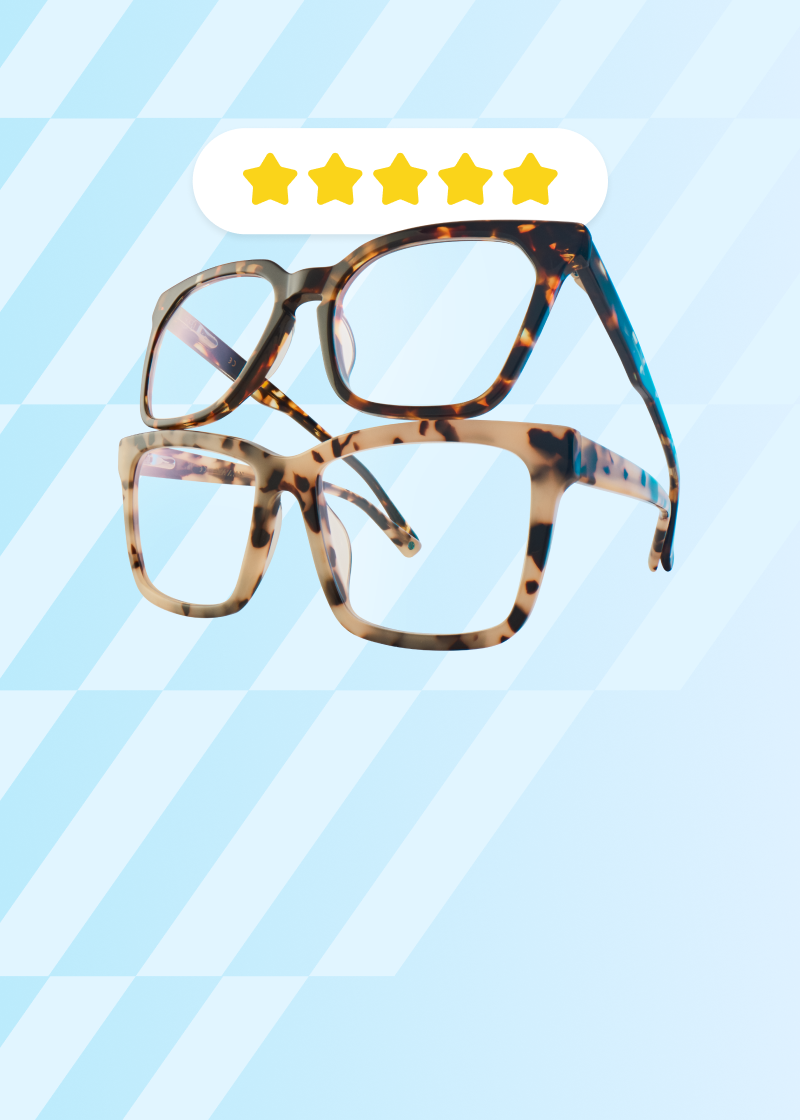 Two Zenni tortoiseshell eyeglasses with 5-star rating on light blue striped background.