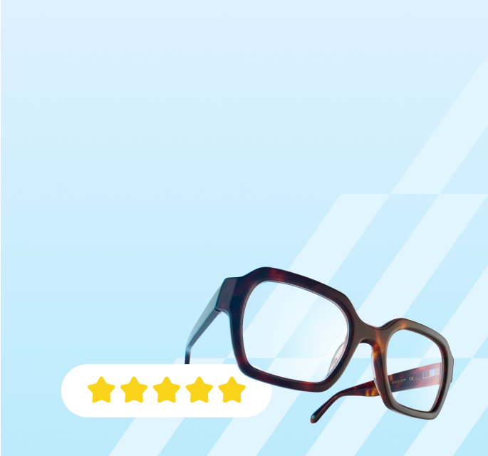 Oversized square brown Zenni eyeglasses with 5-star rating on light blue striped background.