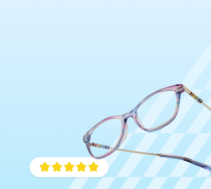 Black Zenni sunglasses with green lenses and bar with 5-star rating on a light blue striped background.
