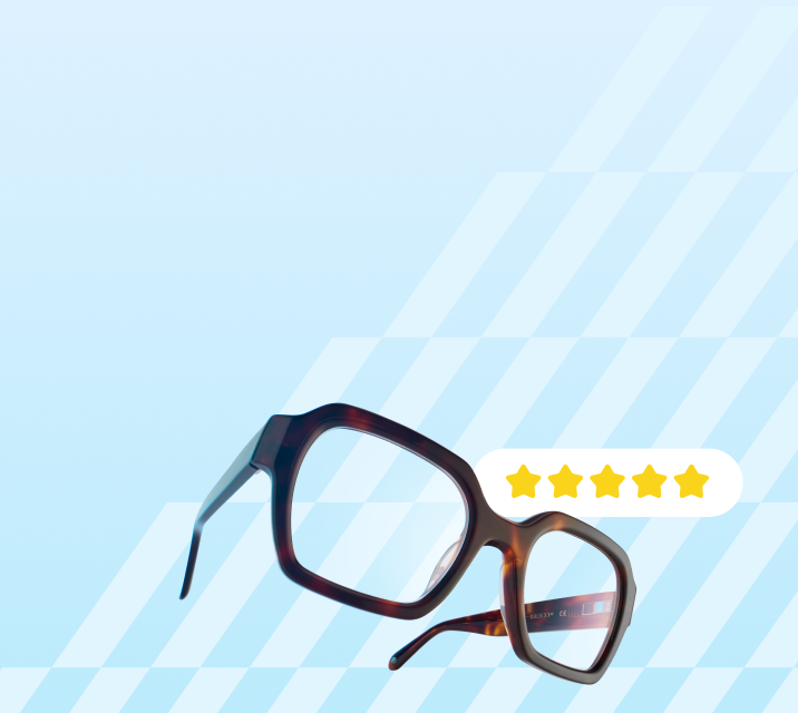 Oversized square brown Zenni eyeglasses with 5-star rating on light blue striped background.